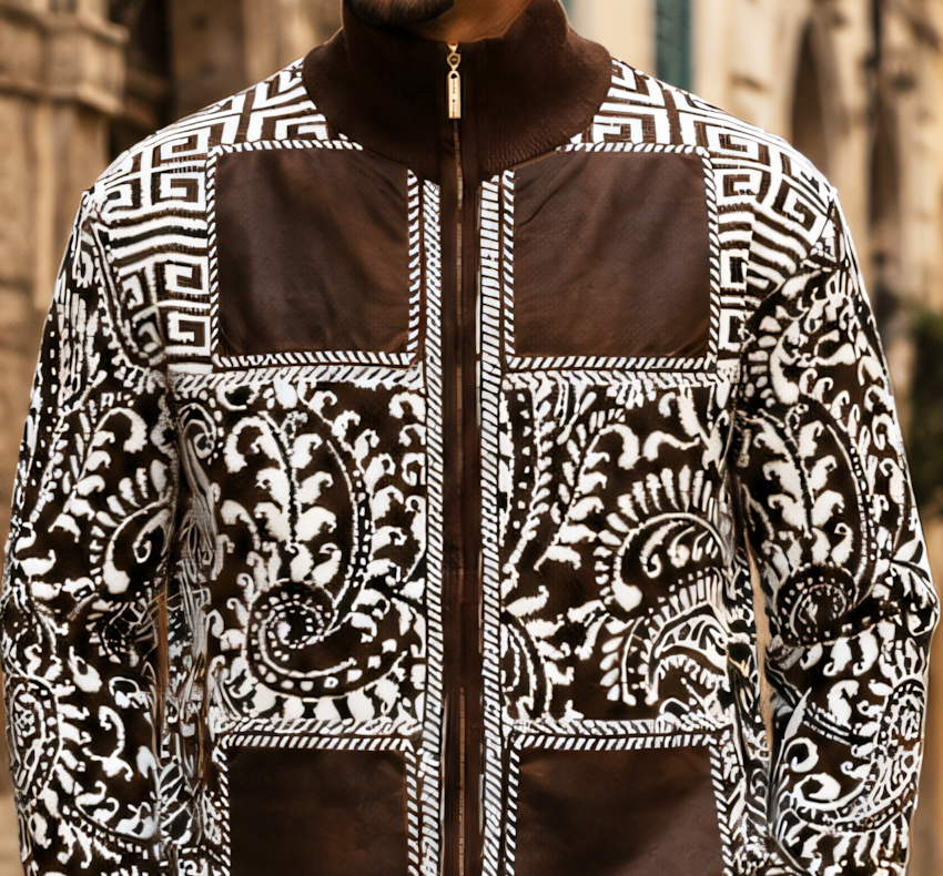 Close-up of the ivory paisley knit, geometric shoulder pattern, brown chest panels and center zipper on the Silversilk 31018 Brown sweater.