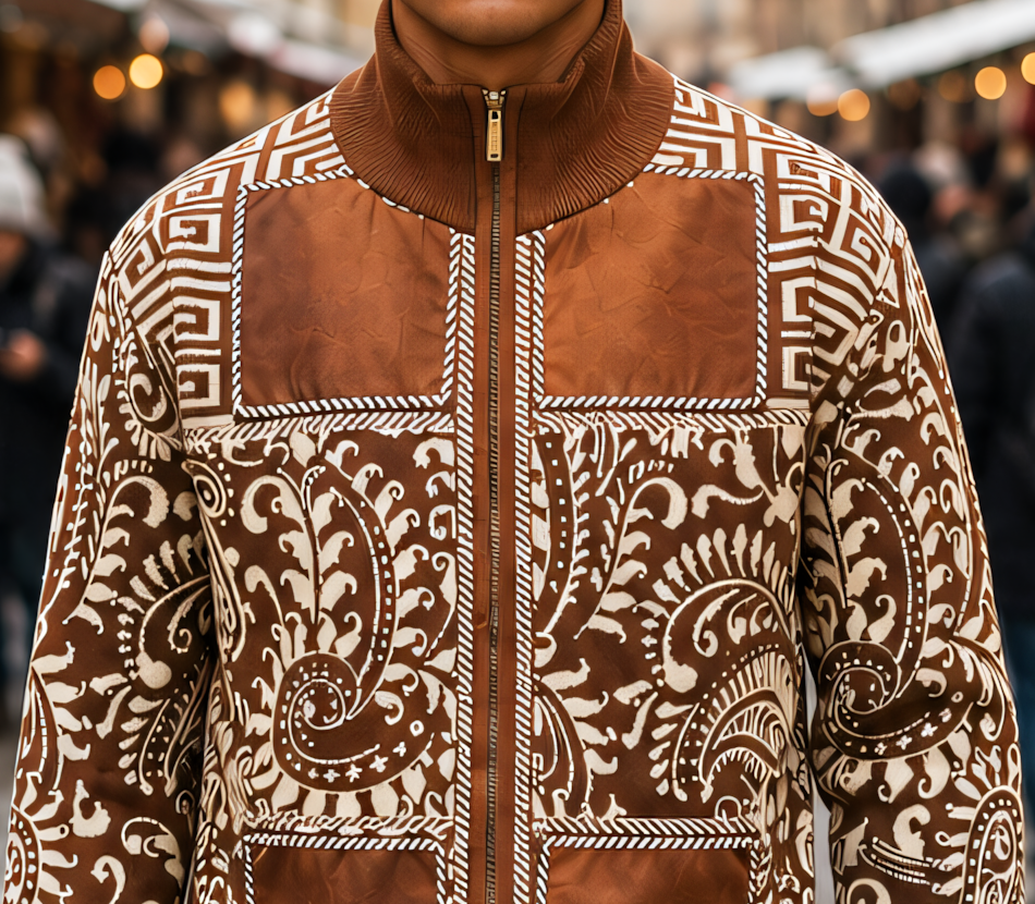Close-up of the ivory paisley knit, geometric shoulders, caramel chest panels and center zipper on the Silversilk 31018 Caramel sweater.