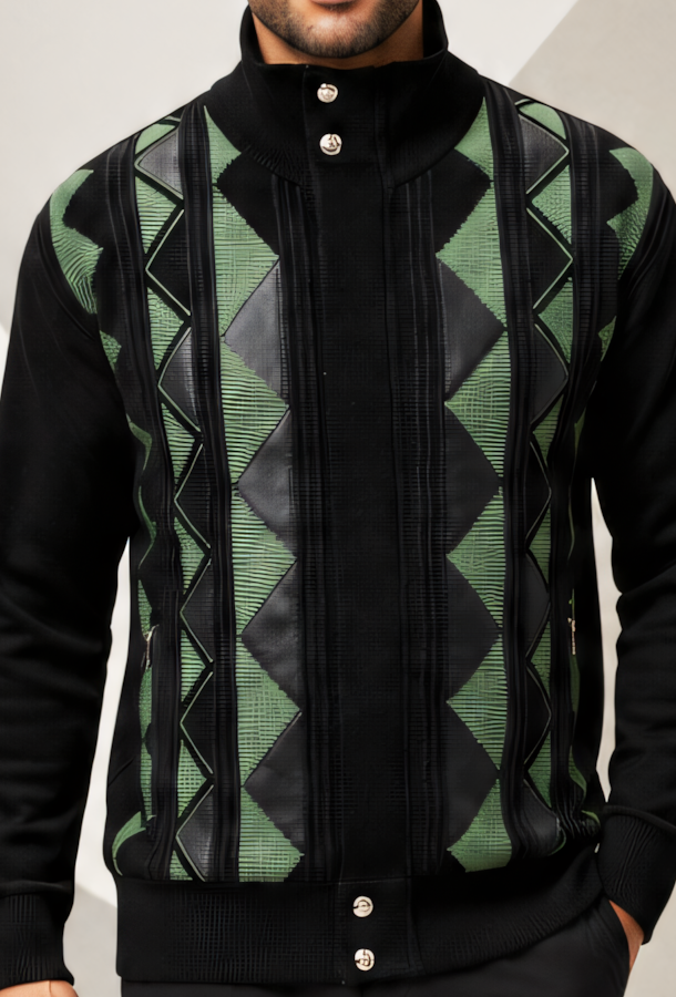 Close-up of the green and dark diamond panels, vertical knit bands and center closure on the Silversilk 31019 Black/Green sweater.