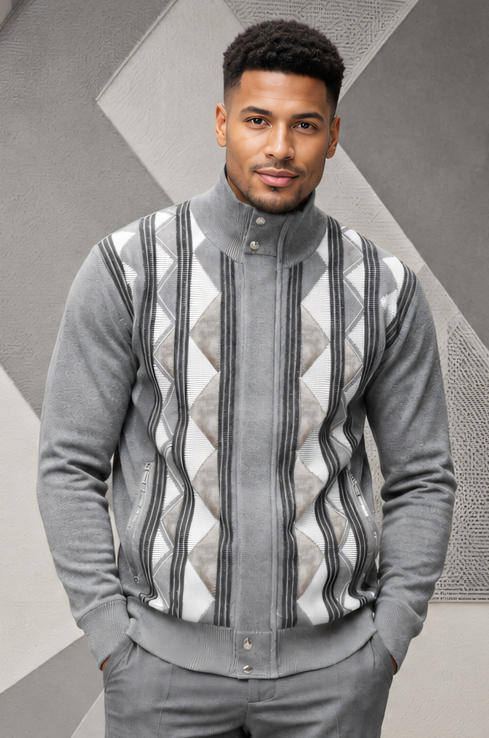 Silversilk 31019 Grey sweater, front view with contrasting ivory and grey diamond panels, grey sleeves and high collar with metal snap details.