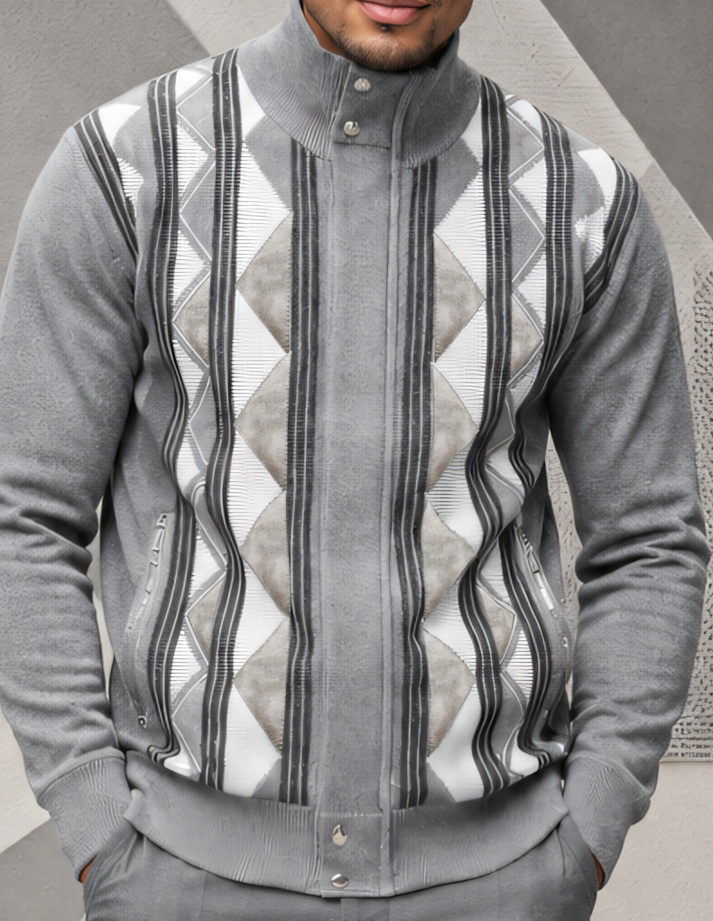 Close-up of the ivory and grey diamond panels, vertical knit bands, pocket zippers and center closure on the Silversilk 31019 Grey sweater.