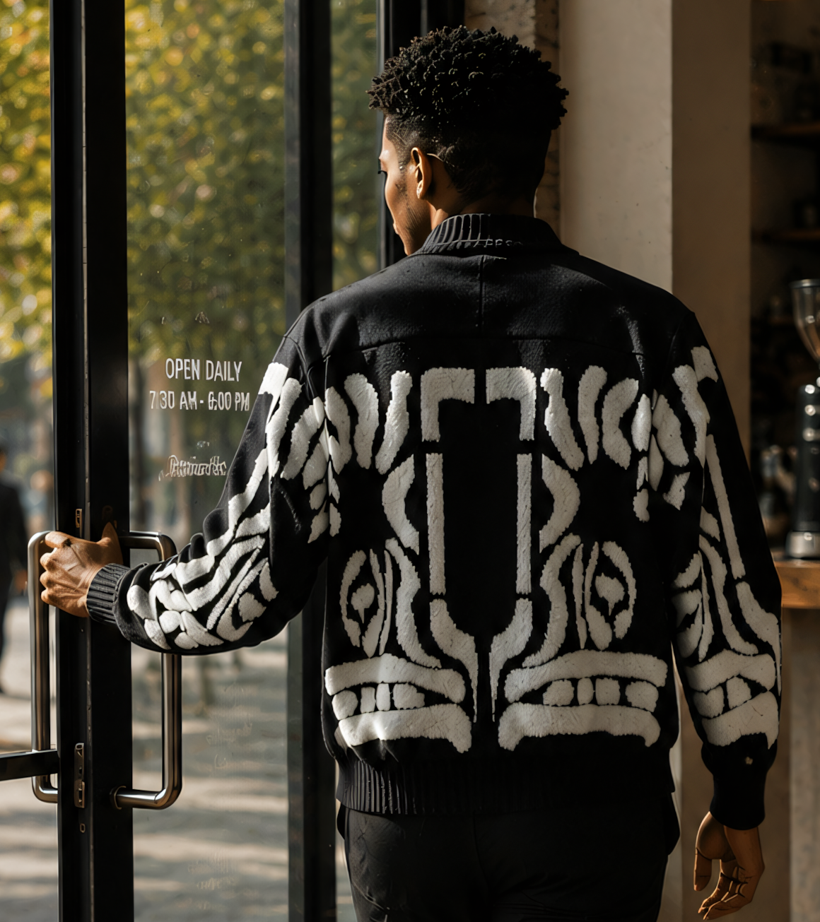 Silversilk 32026 Black sweater, back view showing the large ivory geometric motif and patterned sleeves.