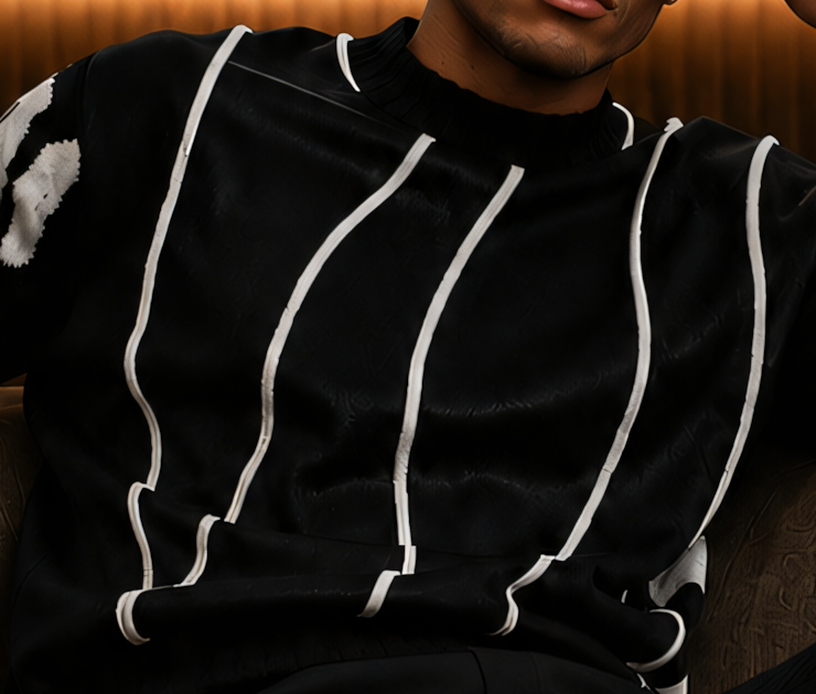 Close-up of the black front panels and narrow ivory vertical trim on the Silversilk 32026 sweater.