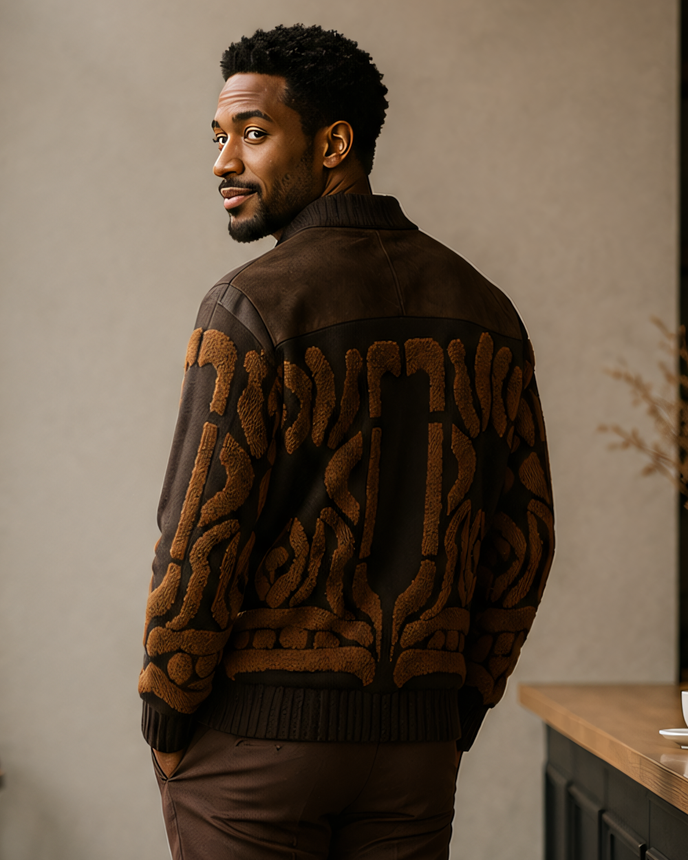 Silversilk 32026 Brown sweater, back view with a large caramel-colored geometric pattern and brown ribbed trim.