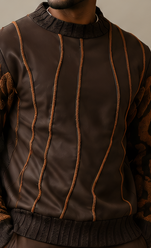 Close-up of the smooth brown front panels, caramel-colored vertical trim and ribbed neckline and hem on the Silversilk 32026 sweater.