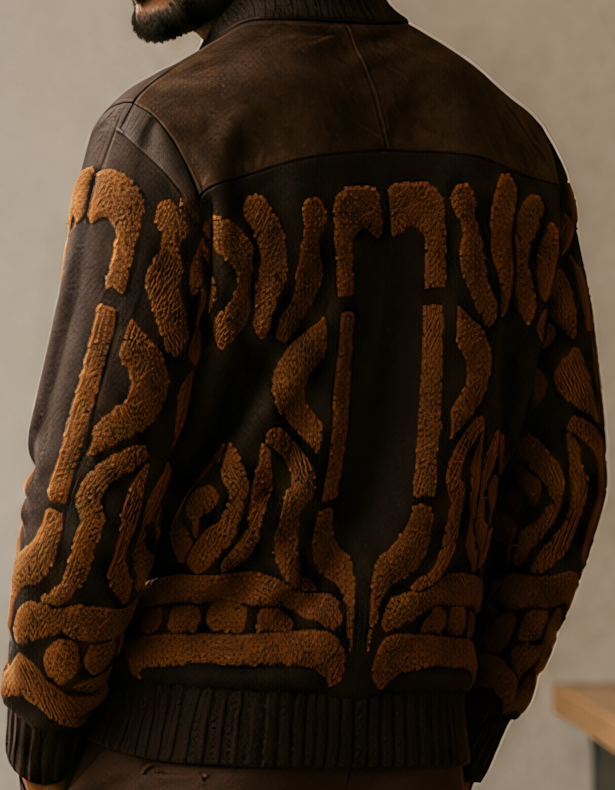Close-up of the raised caramel-colored back motif and brown shoulder yoke on the Silversilk 32026 Brown sweater.