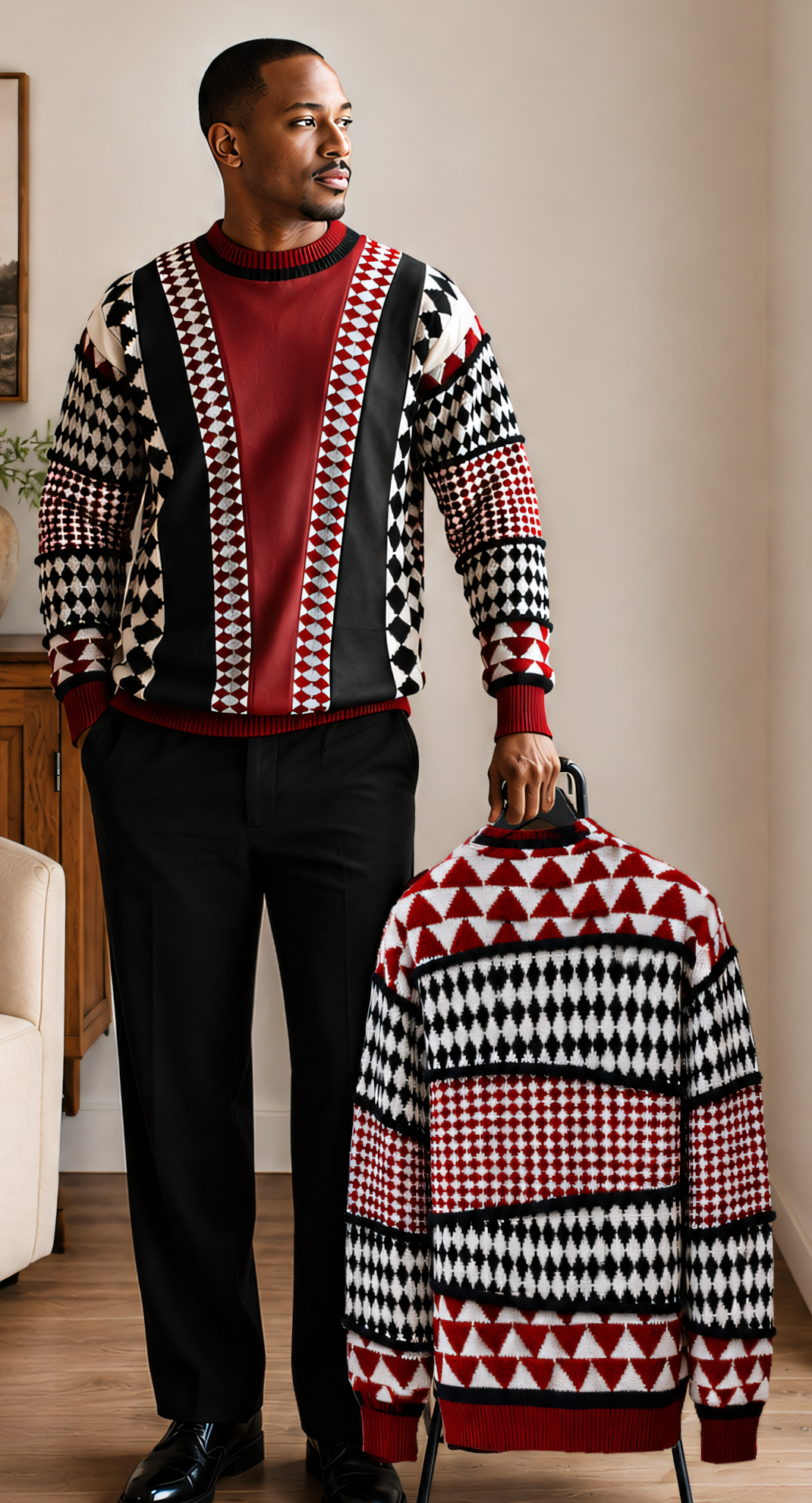 Silversilk 32027 Red sweater worn by a model holding another sweater to display its geometric back design.