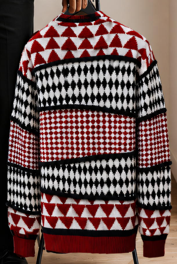 Silversilk 32027 Red sweater rear displayed on a hanger, with horizontal red, black and ivory geometric pattern bands and red ribbed trim.