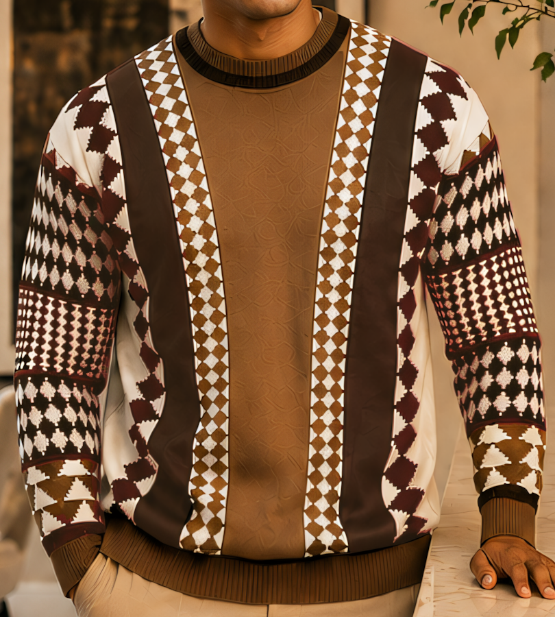 Front and sleeve detail of the Silversilk 32027 Taupe sweater, showing tan and dark brown panels, ivory geometric patterns and ribbed trim.