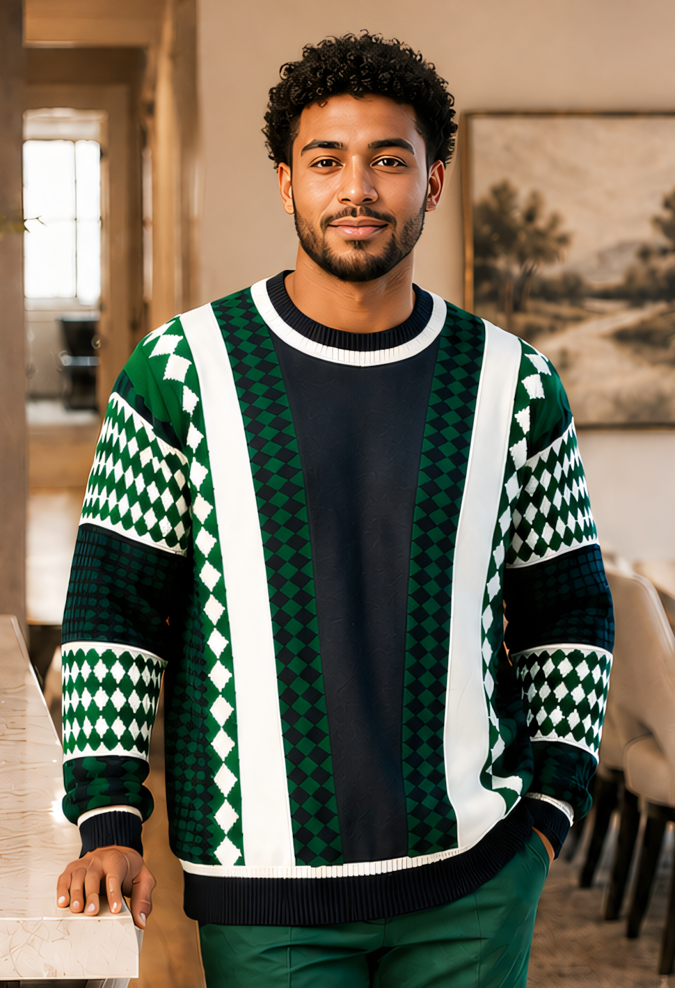 Silversilk 32027 Teal sweater, front view showing dark center panel, ivory vertical panels and deep-green geometric knit patterns.