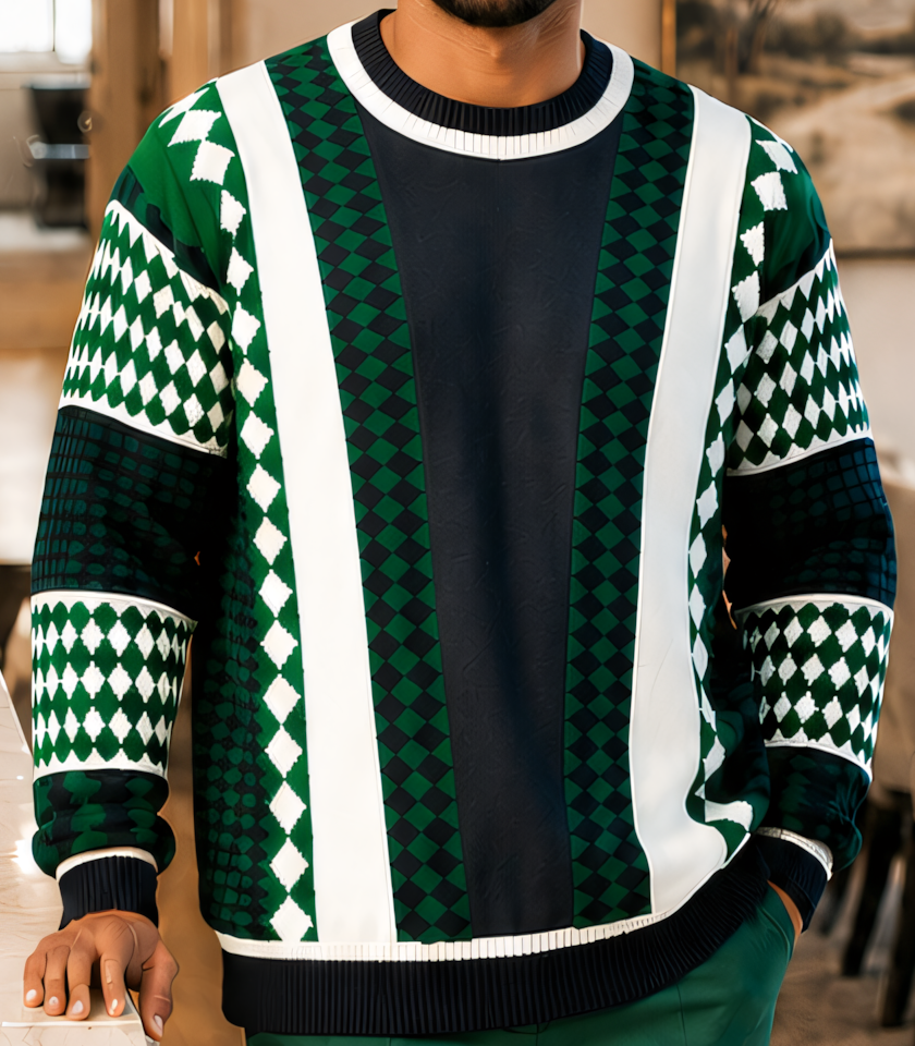 Front and sleeve detail of the Silversilk 32027 Teal sweater with contrasting ivory panels, deep-green geometric patterns and dark ribbed trim.