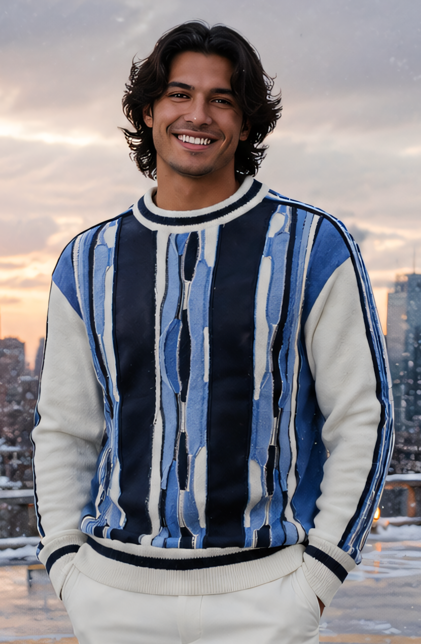 Silversilk 32028 Navy sweater, front view with dark navy panels, irregular blue and ivory vertical details, and ivory sleeves.