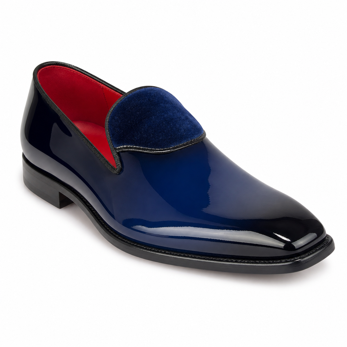 Style 7009 navy patent and velvet loafer on white background