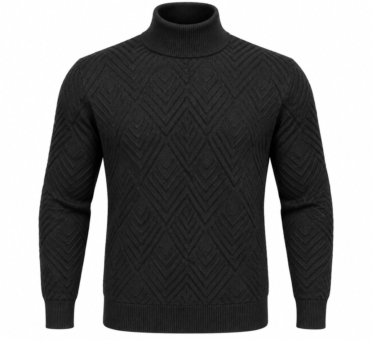 T.R black textured mockneck sweater TRCK-11558, full front view showing raised geometric knit