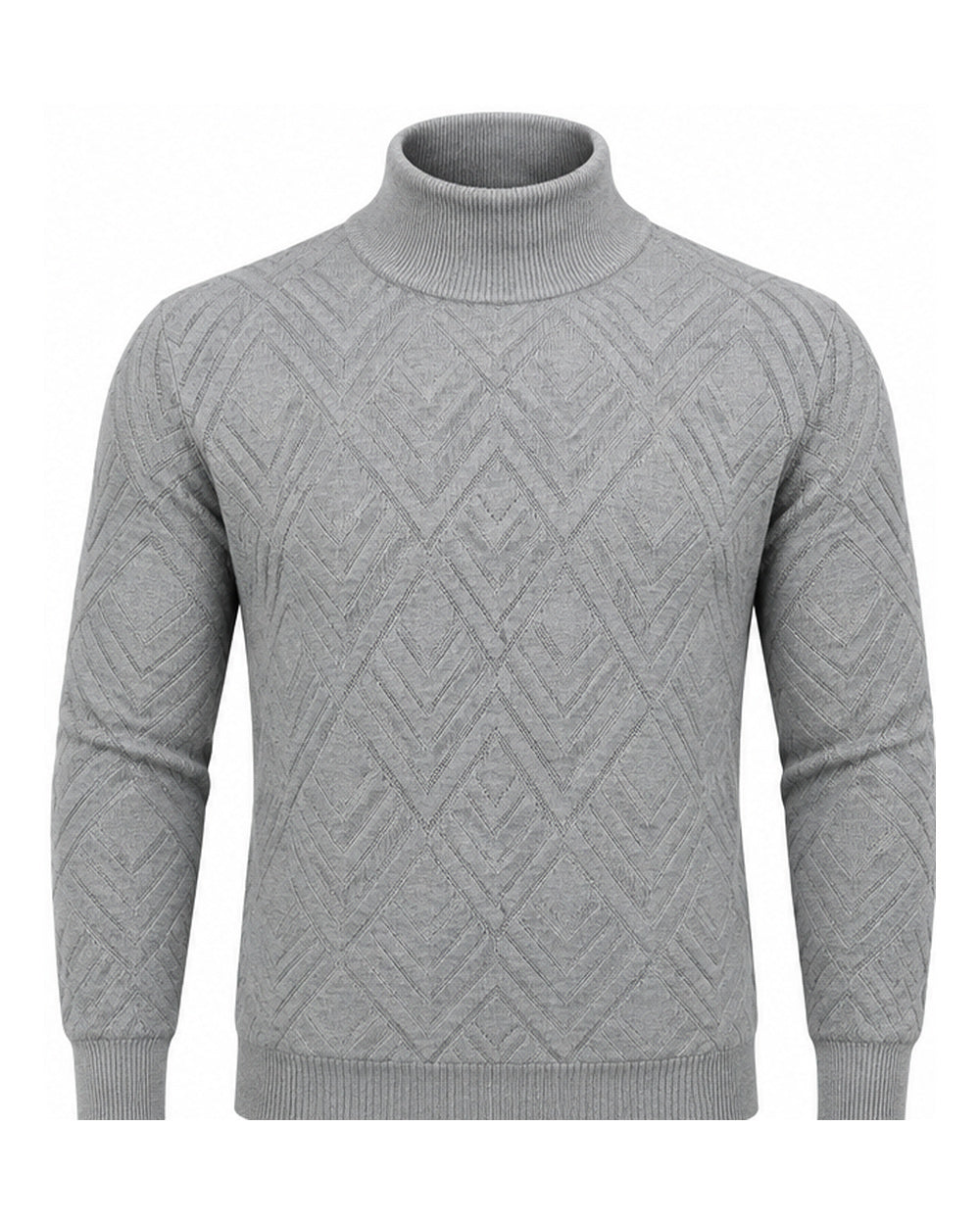 T.R solid grey textured mockneck sweater TRCK-11558, front view, tonal chevron and diamond knit