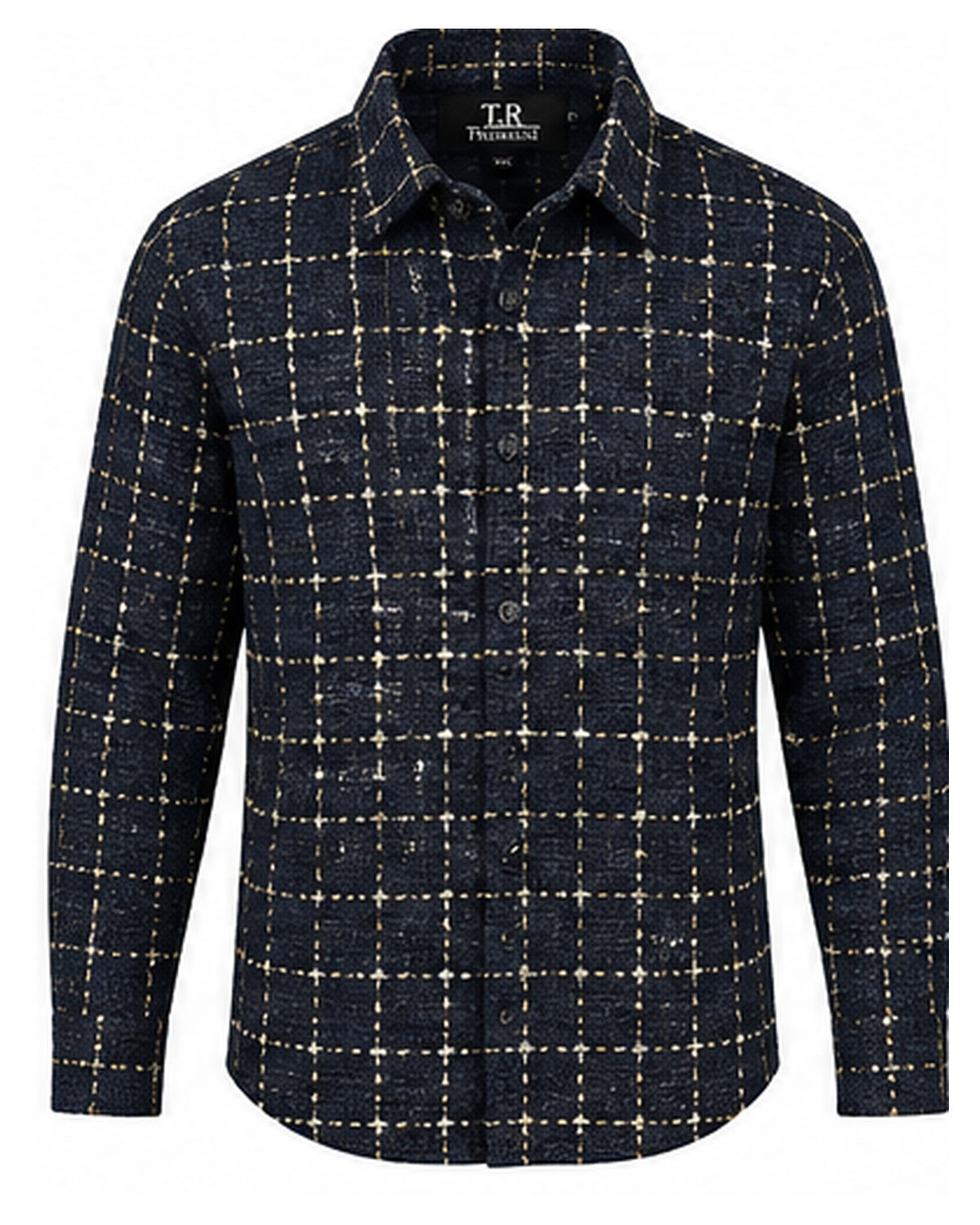 T.R TRST-509 navy tweed textured button-front shirt top isolated on white