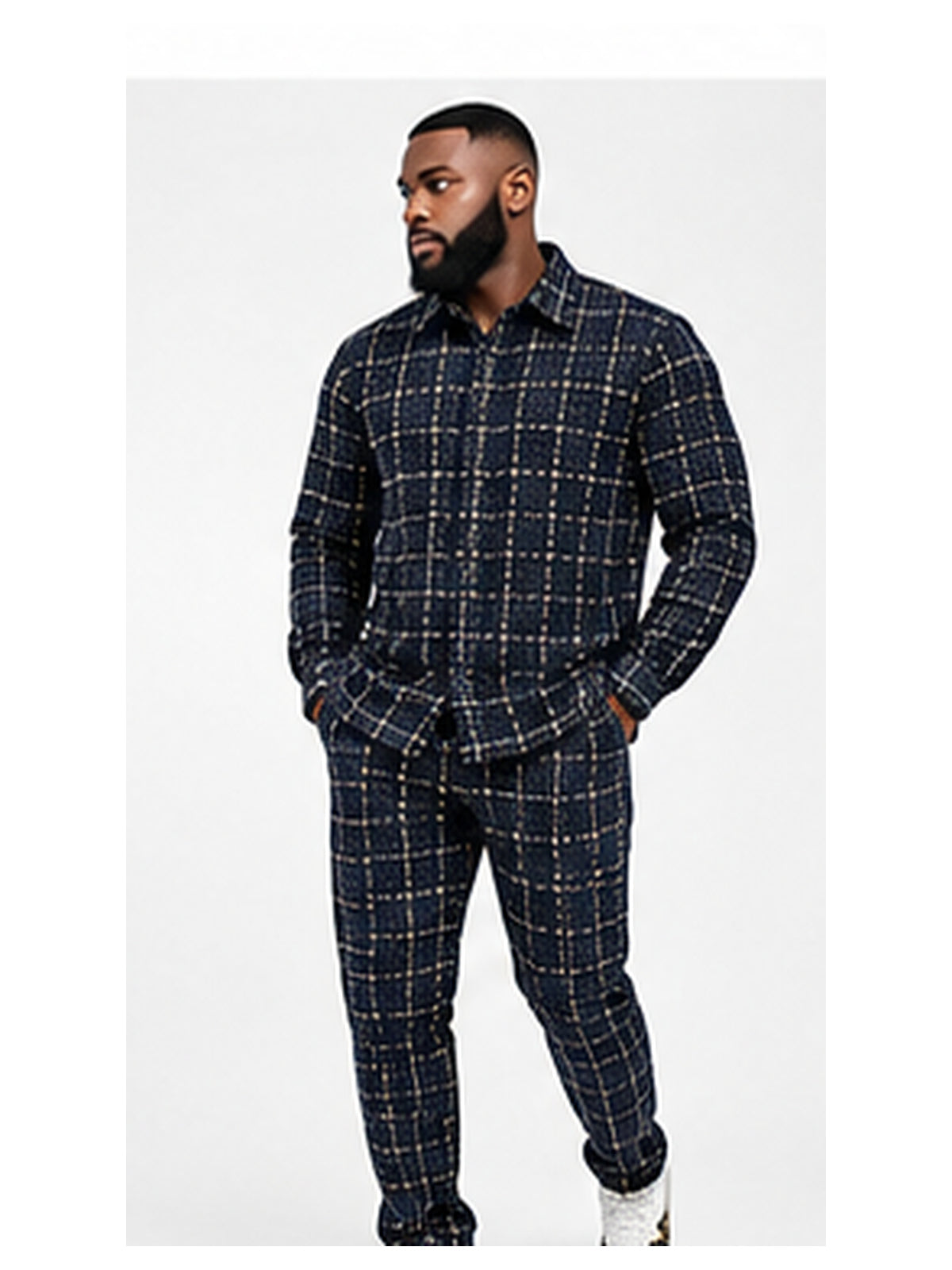 Black male model wearing navy T.R TRST-509 two-piece tweed dress set front