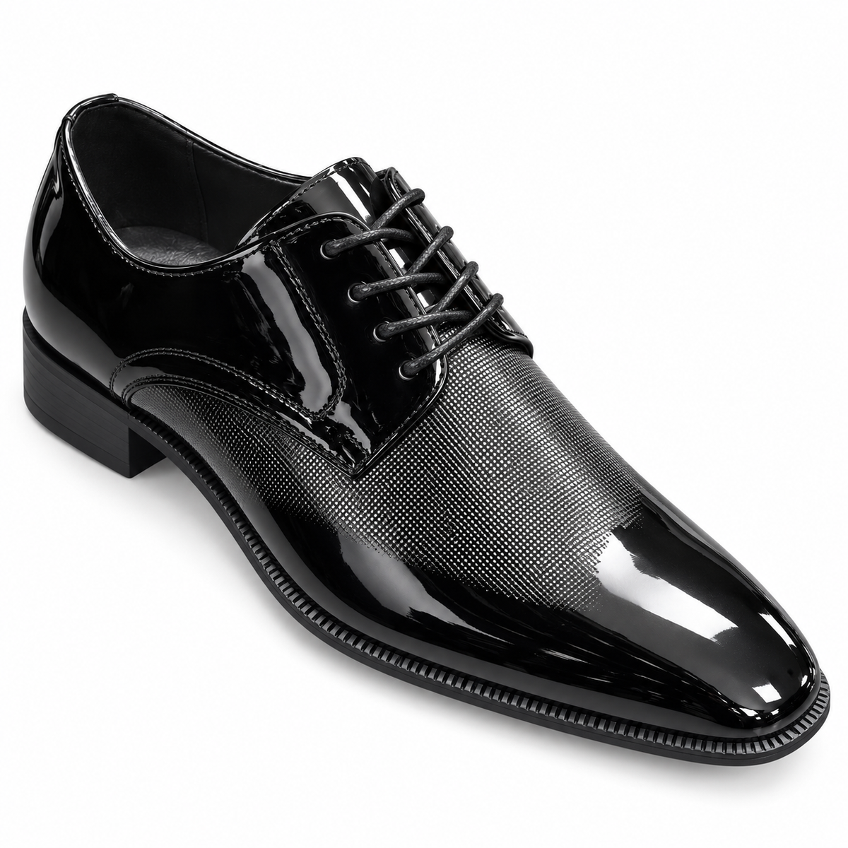 After Midnight 7073 black glossy lace-up dress shoe with fine patterned vamp, three-quarter view