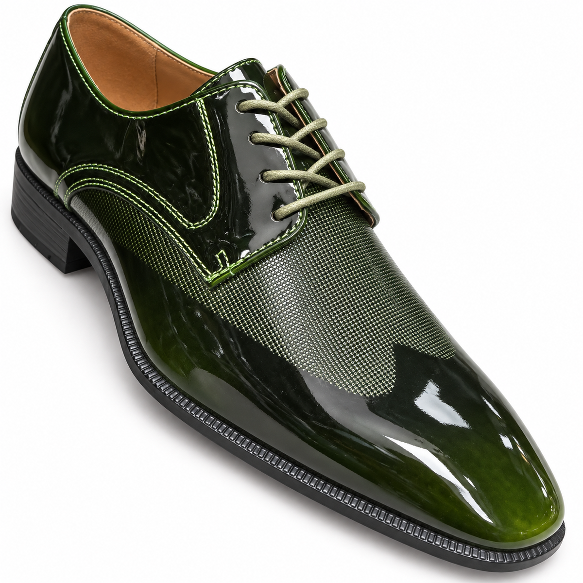 After Midnight 7073 green glossy lace-up dress shoe with fine patterned vamp, three-quarter view