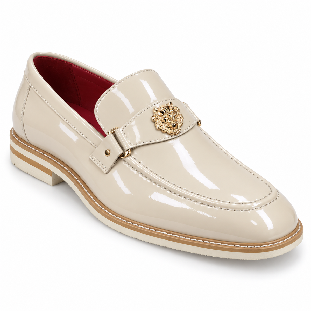 Ashford ASH3 Natural glossy moc-toe loafer with gold-tone lion detail and striped sole