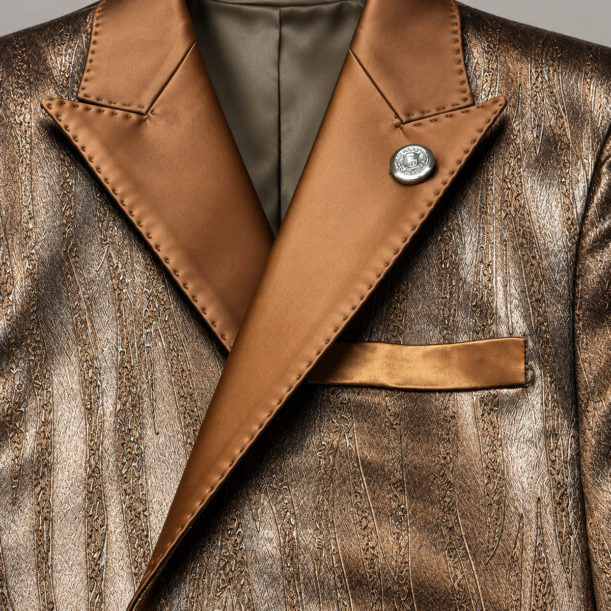 Barabas Alaric 6BL05 chocolate bronze blazer detail with copper satin peak lapels, pick stitching and metallic fabric texture