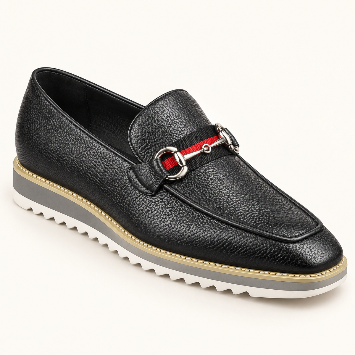 Carrucci KS515-07R Black leather horsebit loafer with red and black strap and white wedge sole