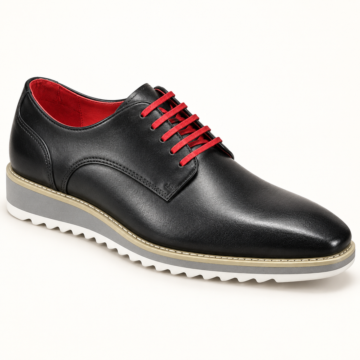 Carrucci KS515-26 Black leather lace-up shoe with plain toe and white wedge outsole