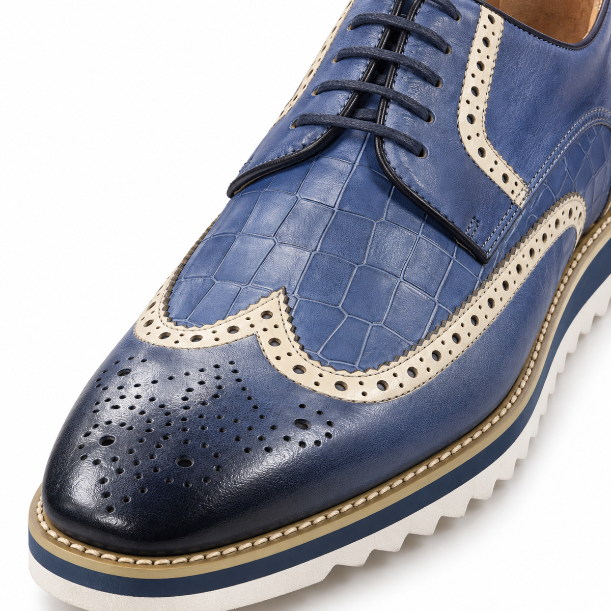 Carrucci KS515-35 Blue croco embossed wingtip shoe — texture and wingtip detail