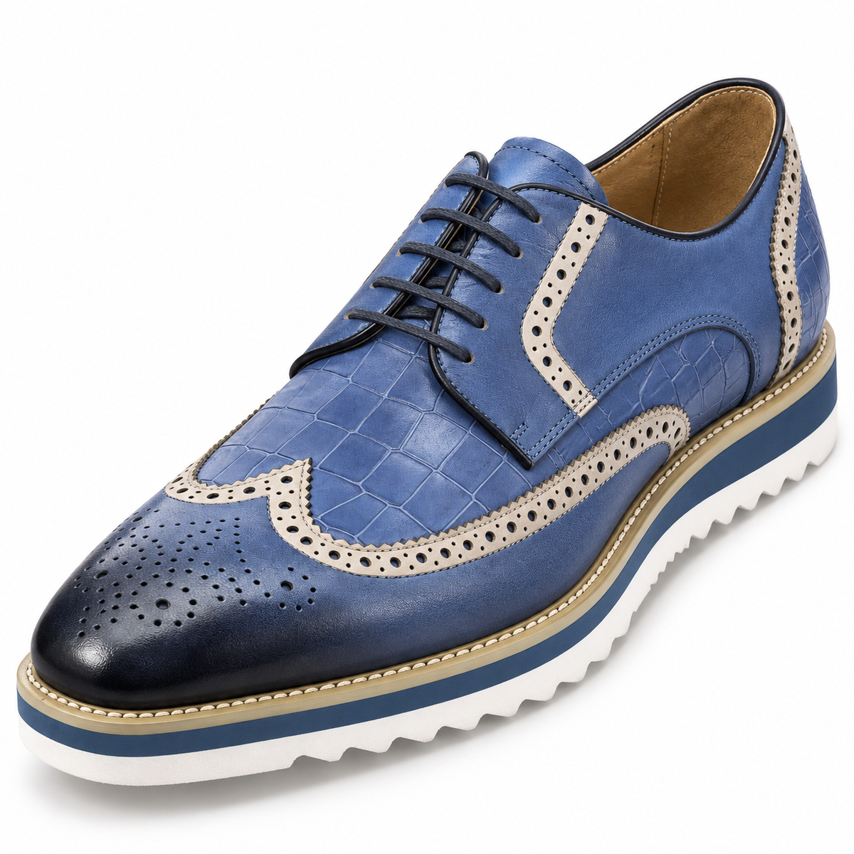 Carrucci KS515-35 blue croco embossed wingtip shoe — full view