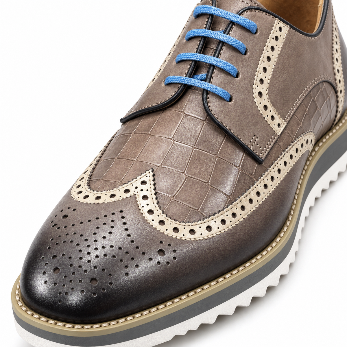 Carrucci KS515-35 Grey croco embossed wingtip shoe — texture and wingtip detail