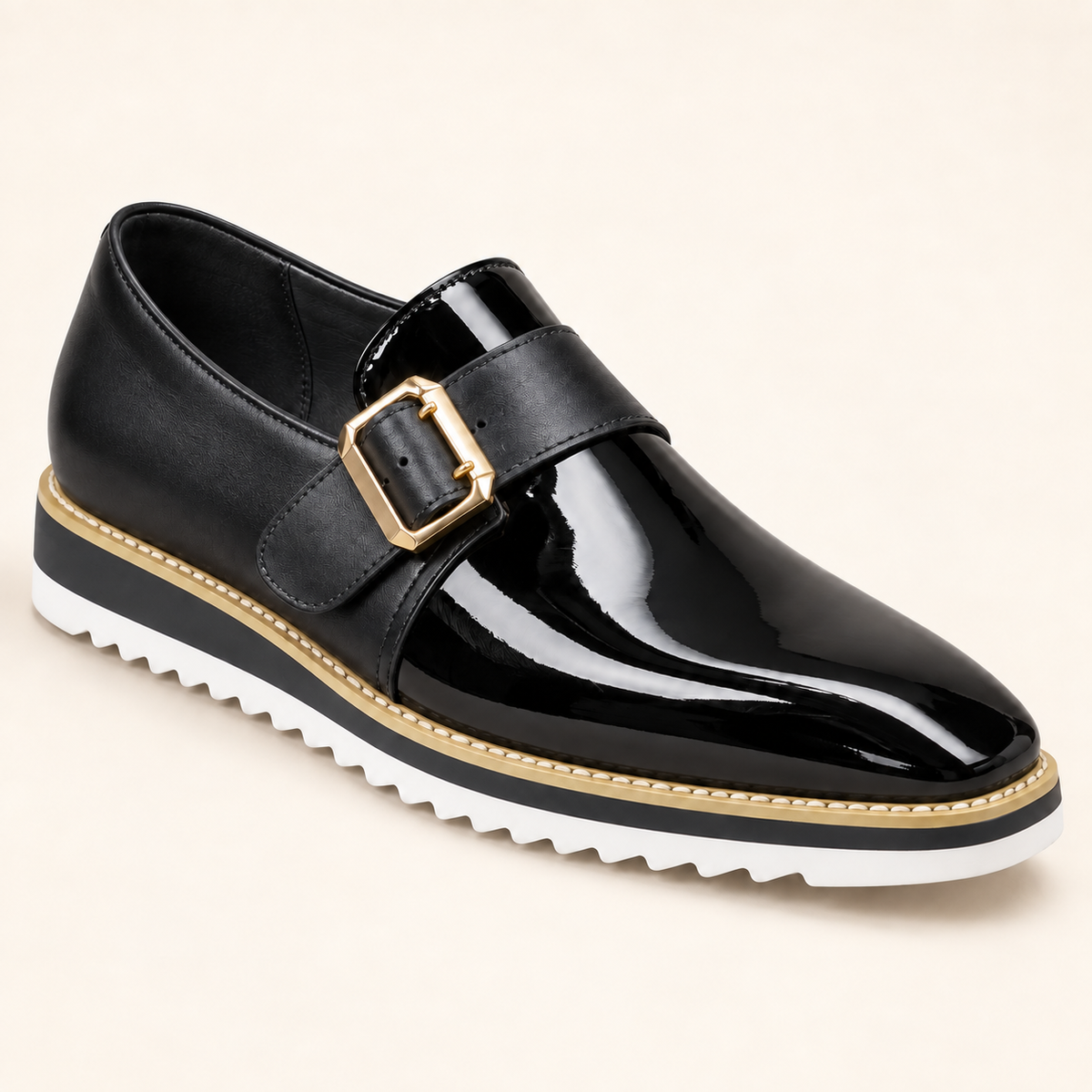 Carrucci KS515-38P Black patent-shine genuine leather monkstrap loafer with buckle and white wedge sole