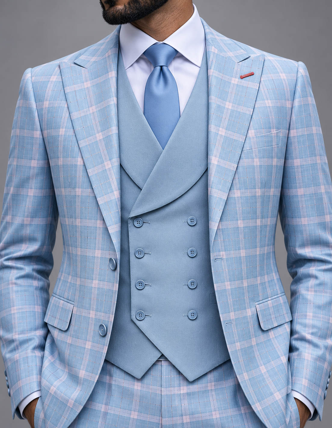 Statement Diego three-piece suit in Aqua, plaid jacket and eight-button vest detail