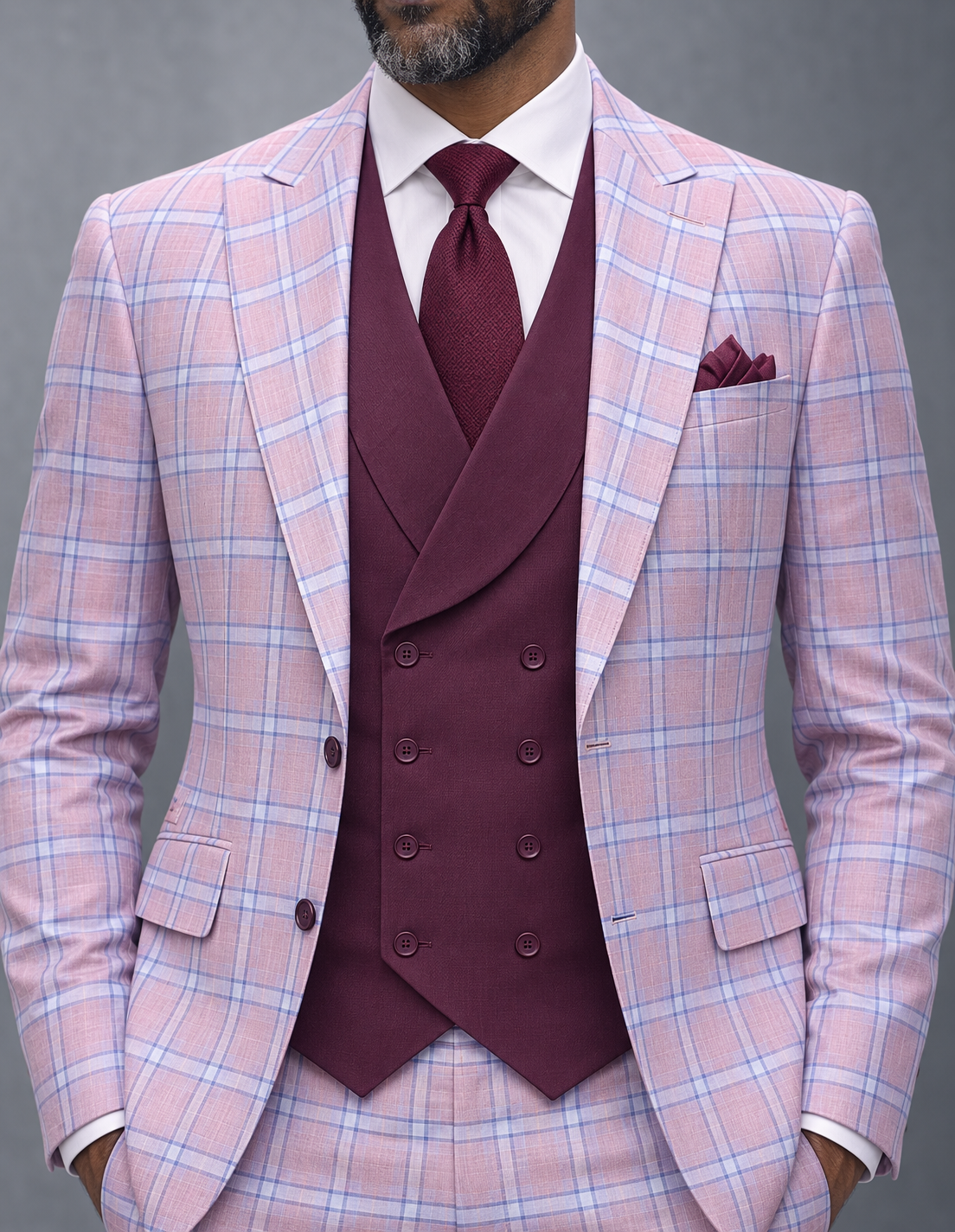 Statement Diego three-piece suit in Mauve, plaid jacket and burgundy vest detail