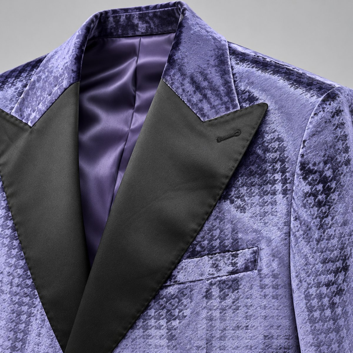 Angled close-up of Giovanni Testi GT1PX-9525 lavender velvet texture and black satin peak lapel