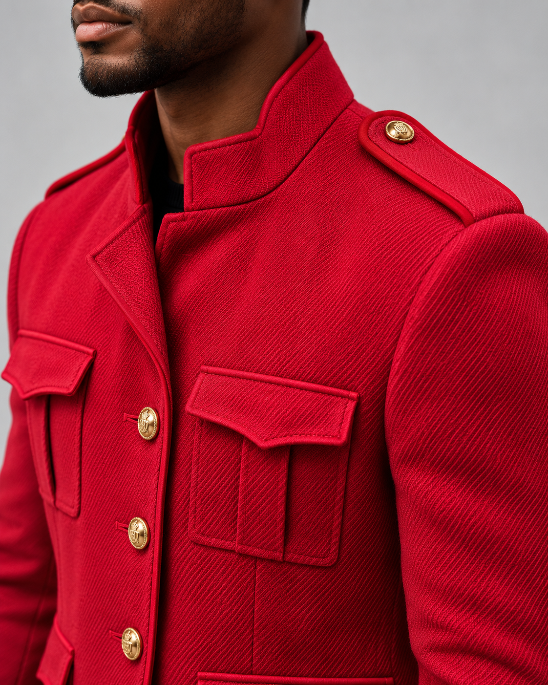 Giovanni Testi red banded collar suit close-up with gold-tone shoulder button and textured fabric
