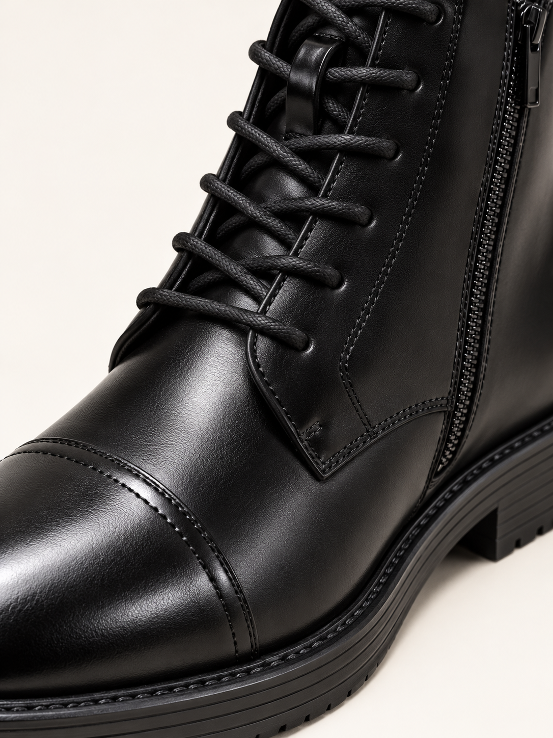 Harrison Myles 2561 black boot close-up of cap-toe stitching laces and zipper