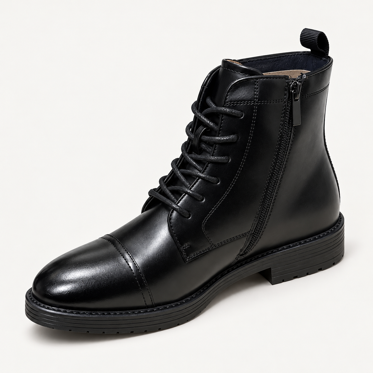 Harrison Myles 2561 black cap-toe combat boot three-quarter front studio view