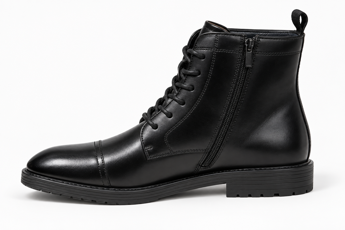 Harrison Myles 2561 black cap-toe combat boot side view with zipper