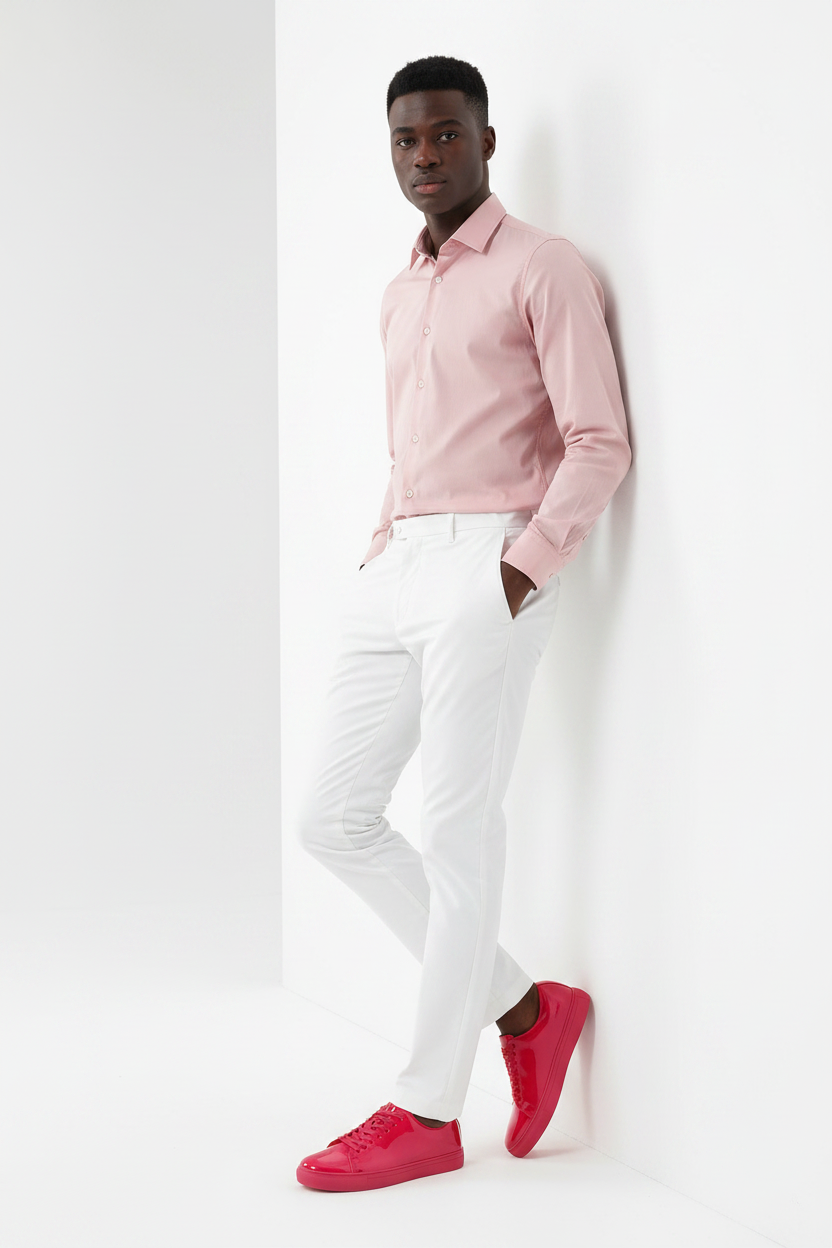 Man wearing Santino Luciano S441 solid pink patent leather sneaker with white tailored trousers