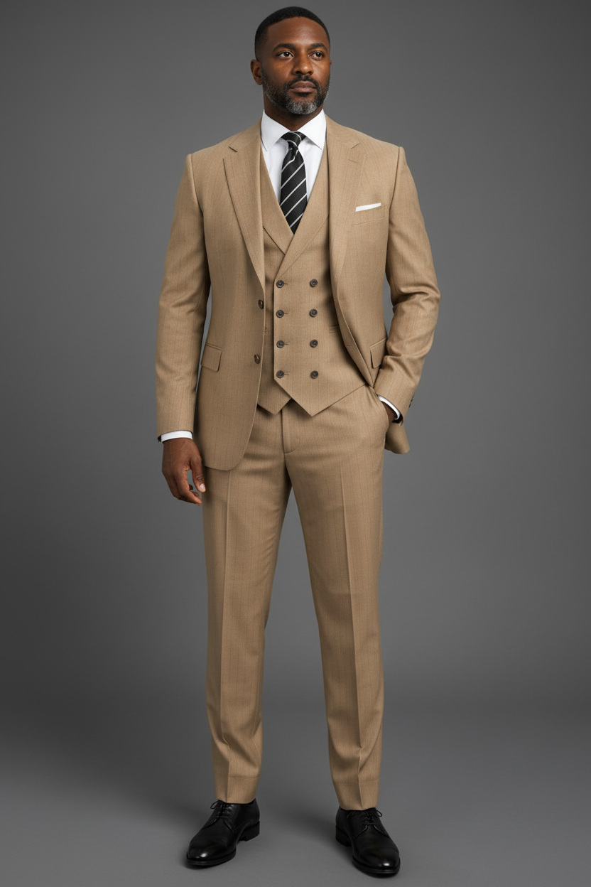 SABOO DB5200 camel tan pinstripe three-piece suit — full body front-facing editorial shot
