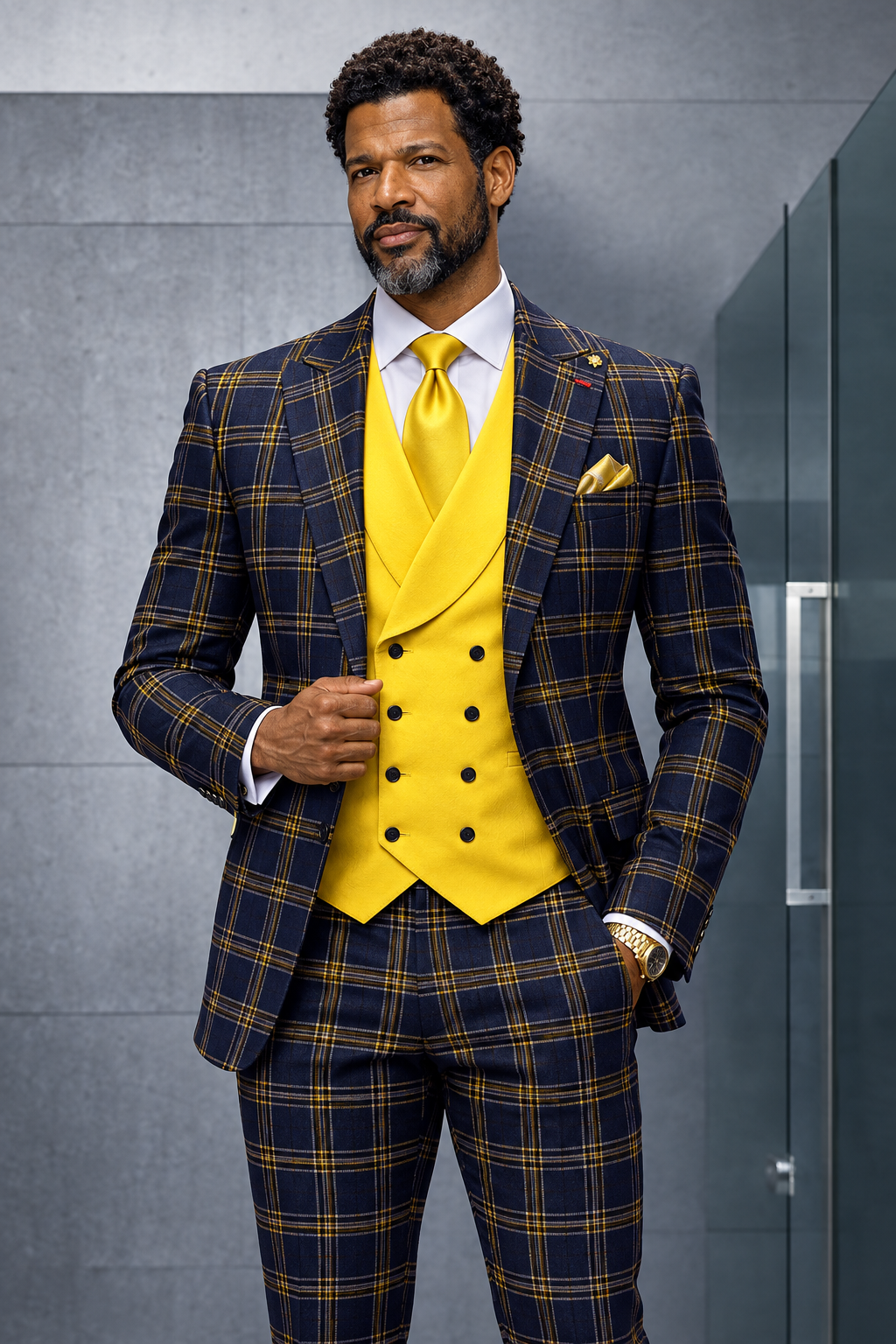 Statement 3-Piece Wool Suit Greta - Navy and gold tartan plaid jacket and trousers with contrasting bright yellow double-breasted vest