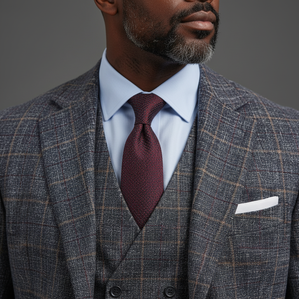 Saboo Navy Plaid 3-Piece Suit – Collar, Tie and Pocket Square Detail