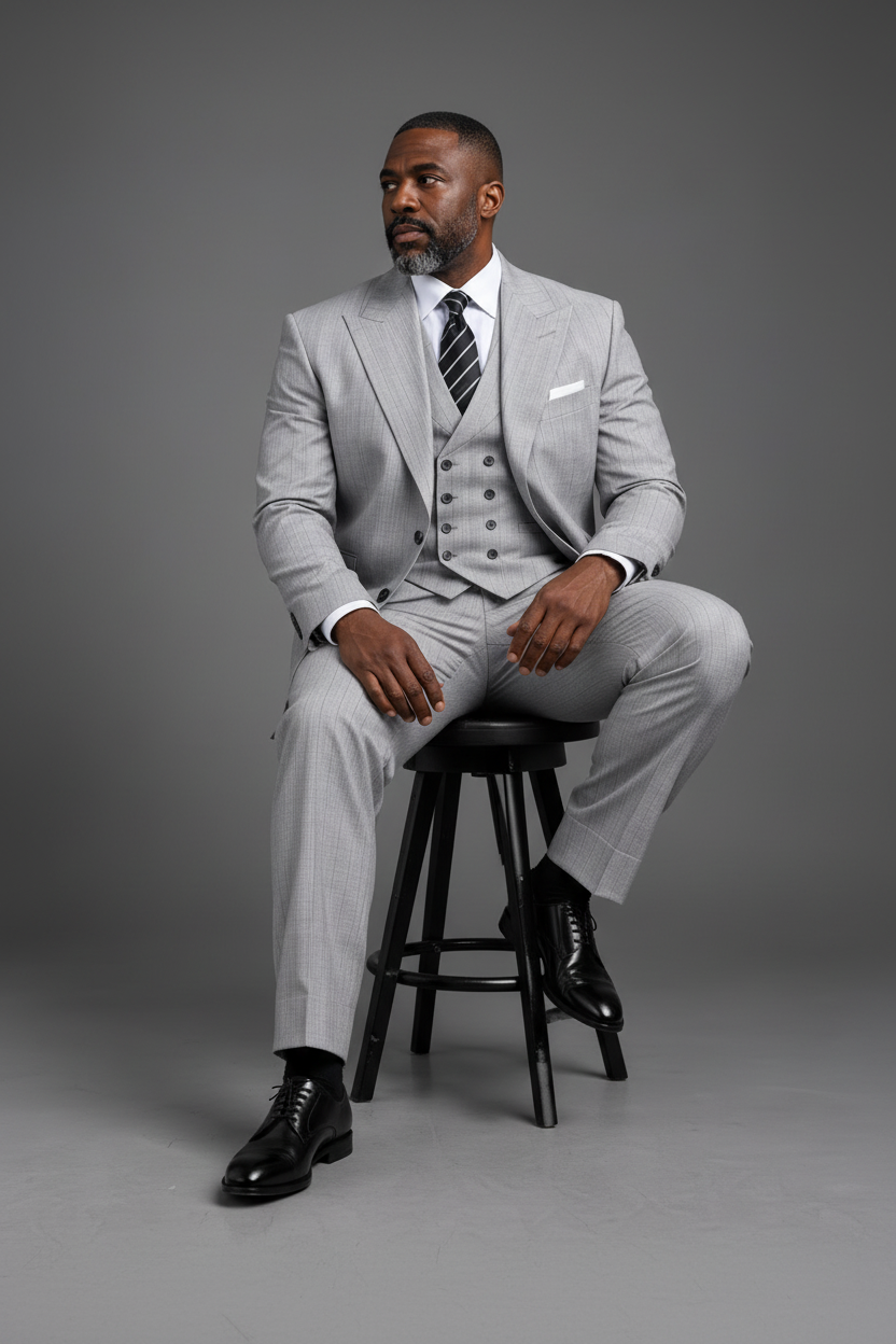 SABOO light grey pinstripe three-piece suit — model seated on stool, relaxed editorial pose
