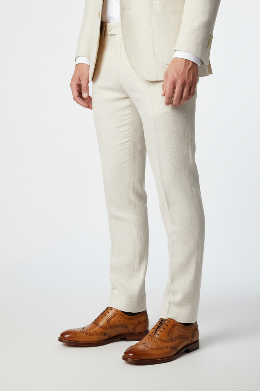 Male model wearing Giovanni Joel Tan patterned leather brogue dress shoes with a cream linen suit