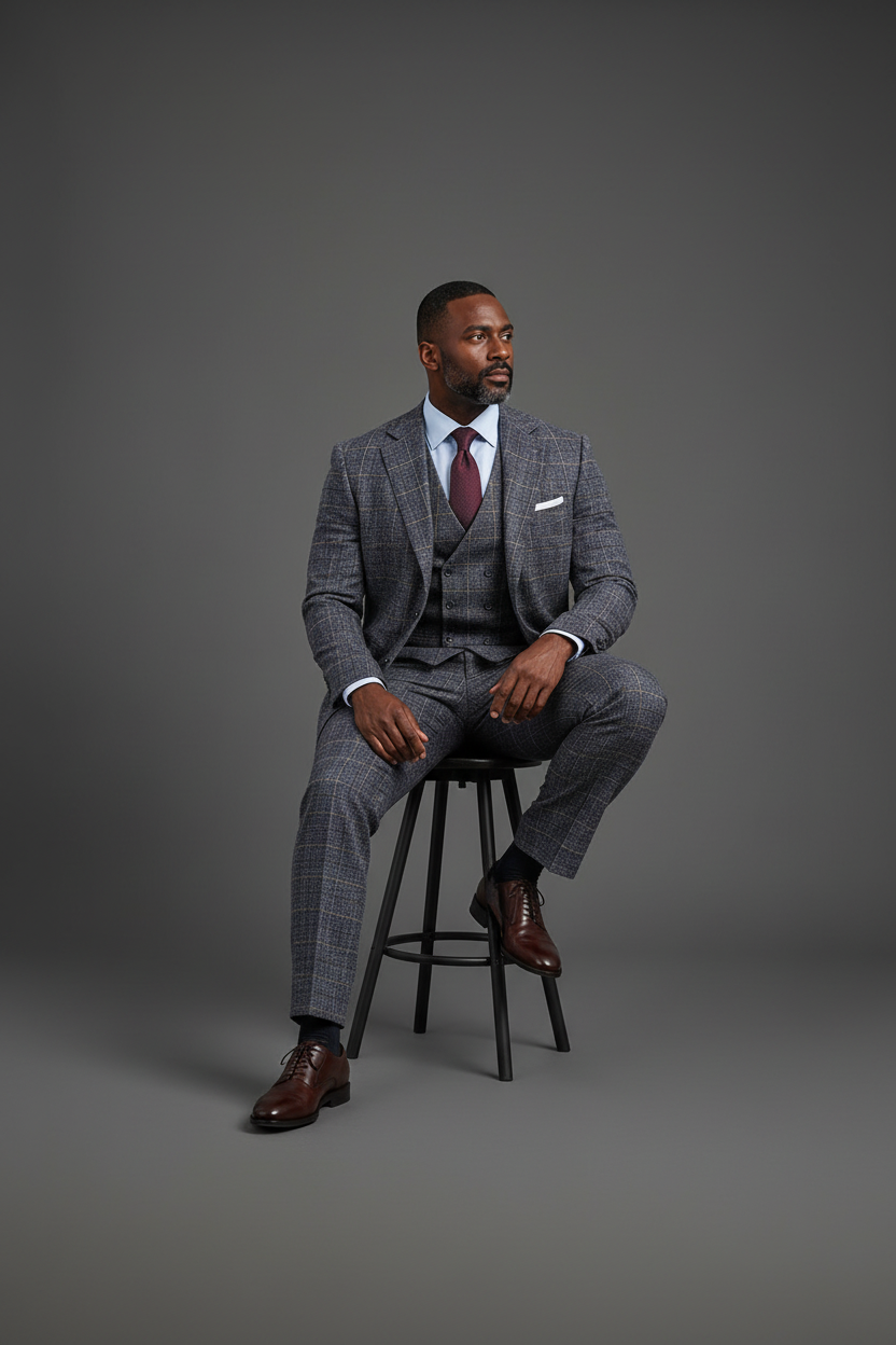Saboo Navy Plaid 3-Piece Suit – Seated Lifestyle Shot