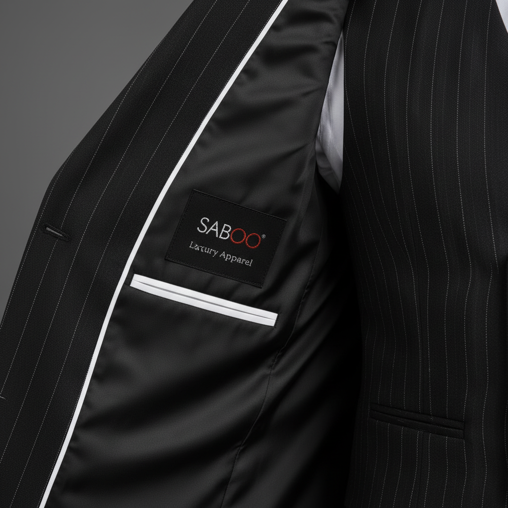 SABOO DB5200 charcoal suit interior lining and SABOO Luxury Apparel brand label close-up