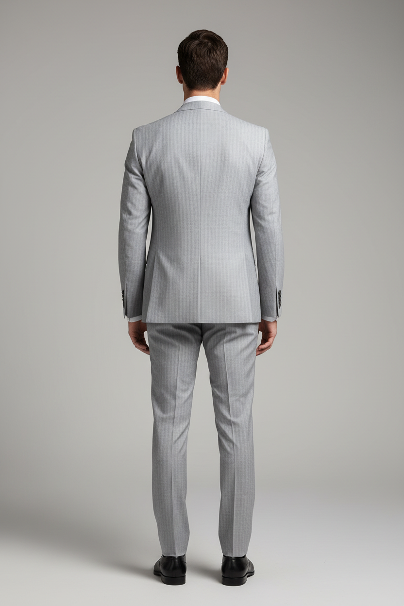 Saboo Ice Grey Pinstripe 3-Piece Suit – Back View