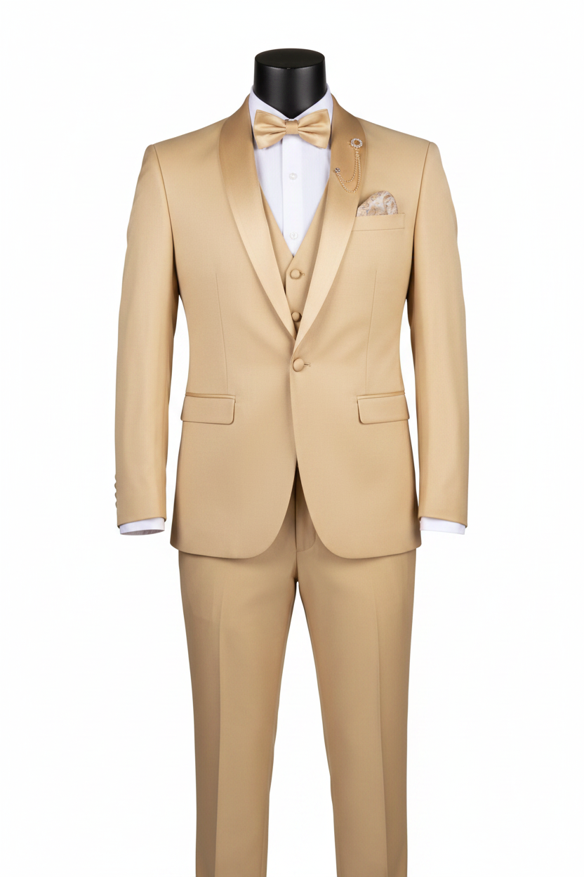 Vinci TSS-2 3-Piece Stretch Slim Fit Tuxedo in Light Gold - Virtual Model