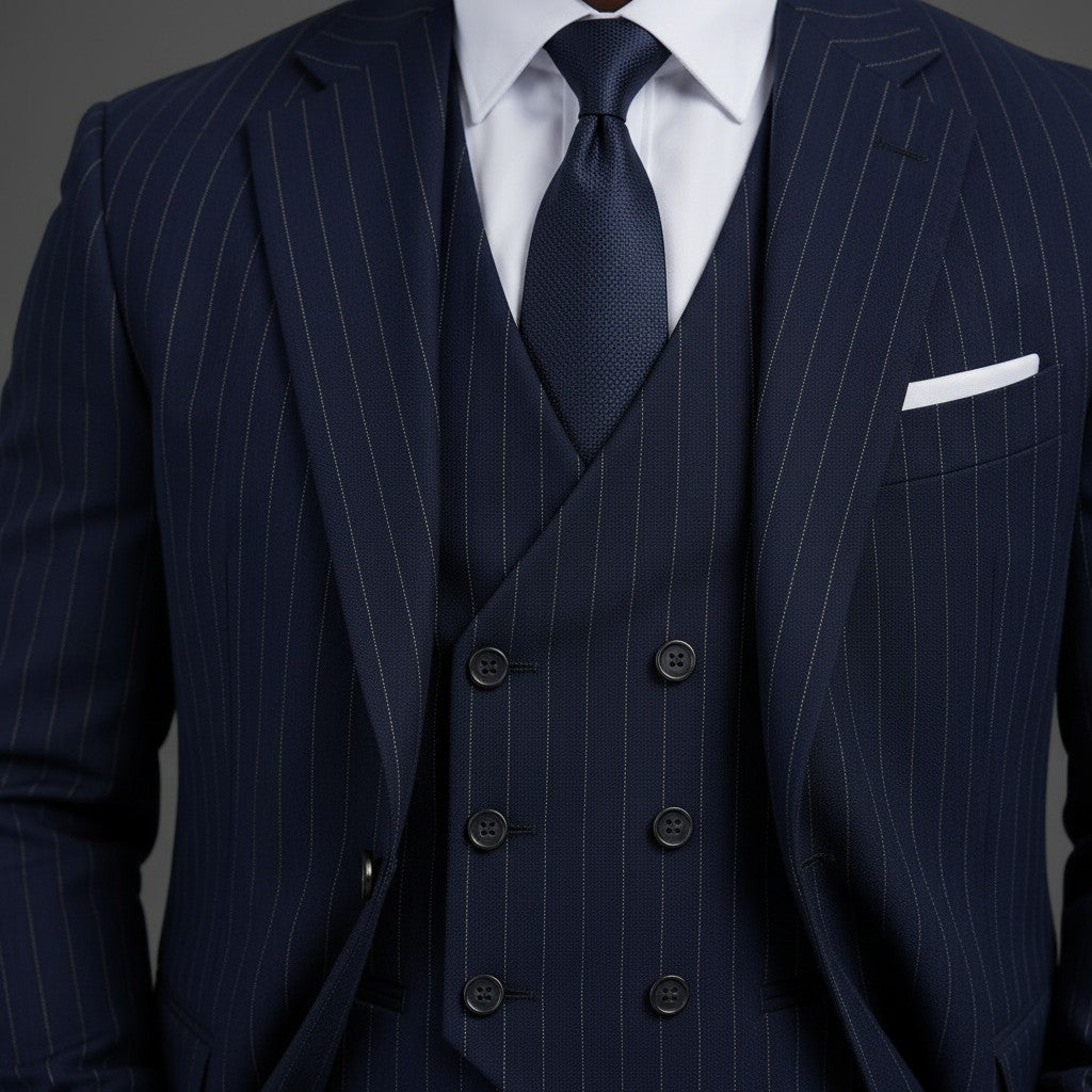 Saboo Navy Pinstripe 3-Piece Suit – Double-Breasted Vest Button Detail