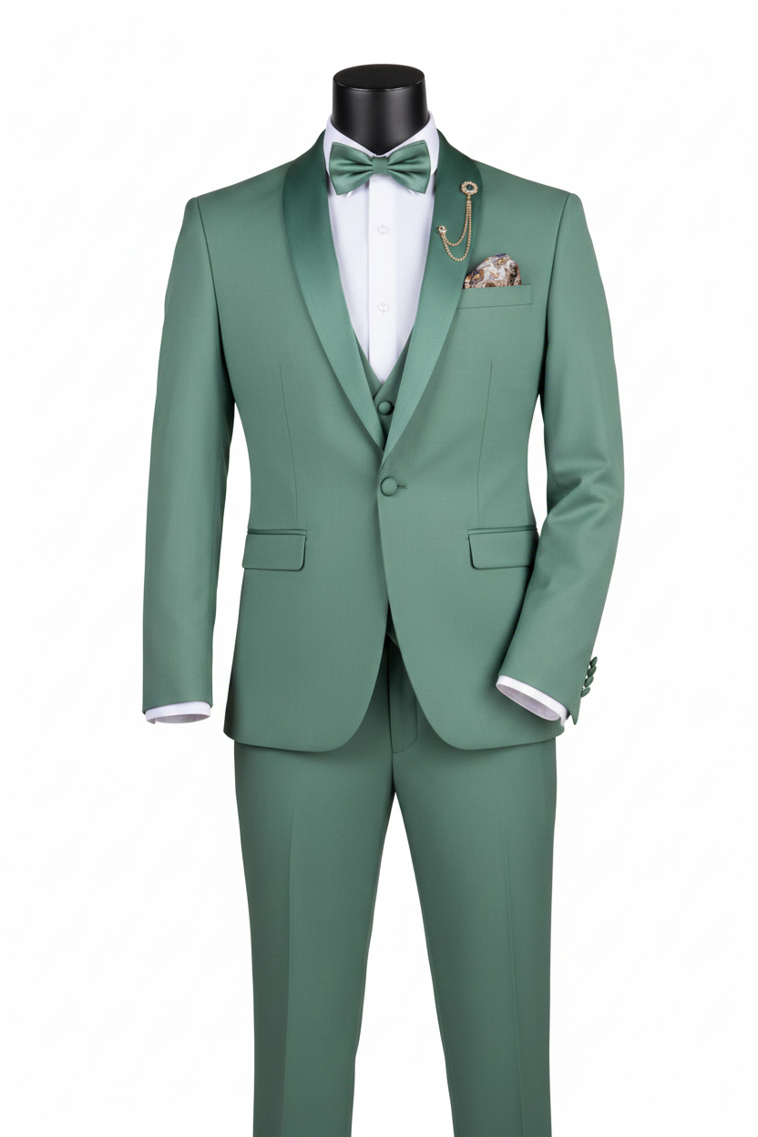 Vinci TSS-2 3-Piece Stretch Slim Fit Tuxedo in Sage - Virtual Model
